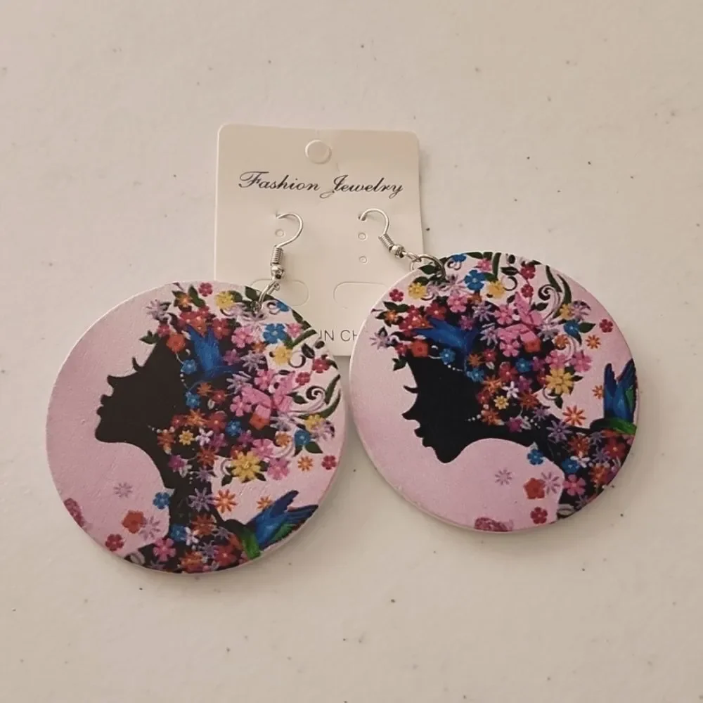 3 for $18 Black Girl Fly Real Wood African Pierced Earrings 1 1/2 Inches